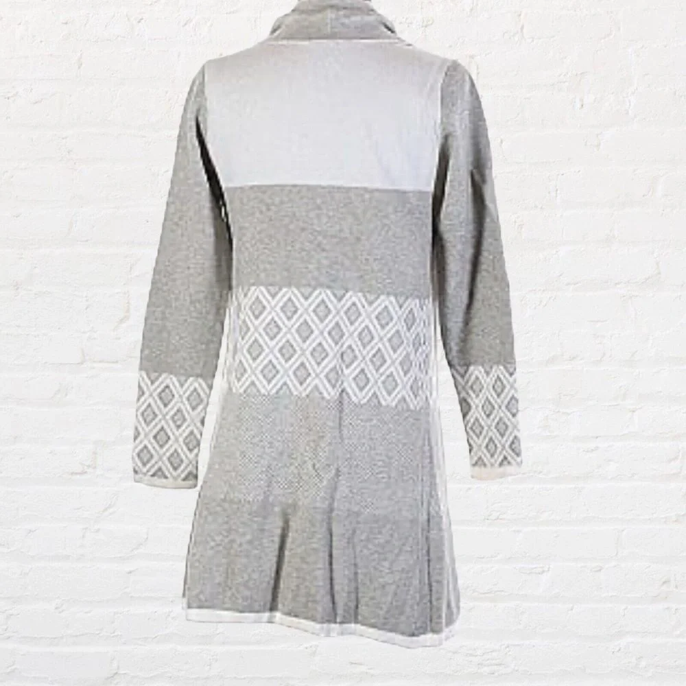 Evolution By Cyrus Chiana Graphic Drape Cardigan‎ Open Front Gray Ivory Small - Picture 2 of 9